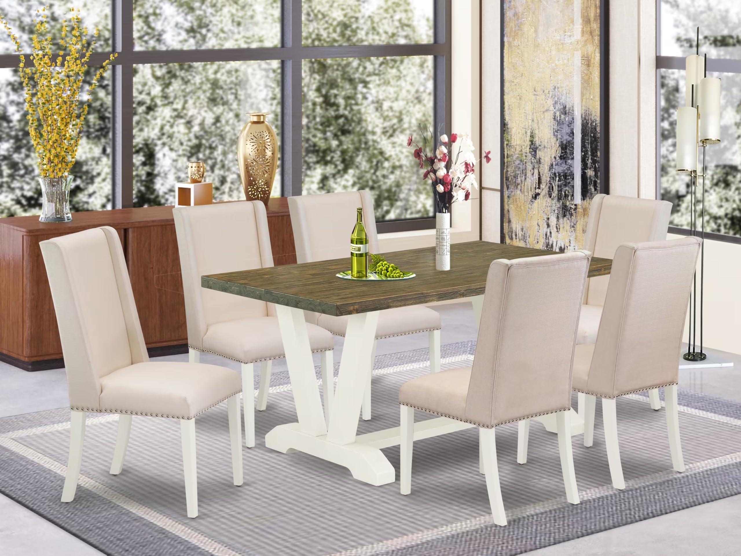 East West Furniture V076Fl201-7 7 Piece Kitchen Table Set Consist Of A Rectangle Dining Table With V-Legs And 6 Cream Linen Fabric Parsons Dining Chairs, 36X60 Inch, Multi-Color